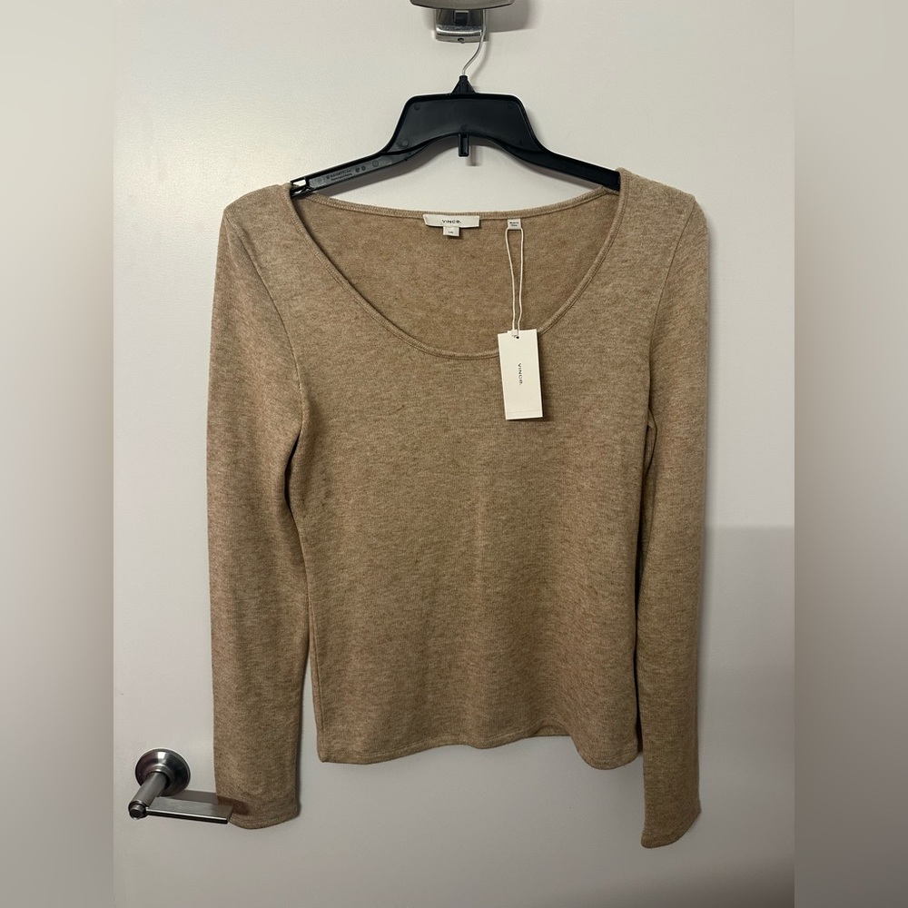 Vince Long Sleeve Scoop Neck Sweater in Camel Beige